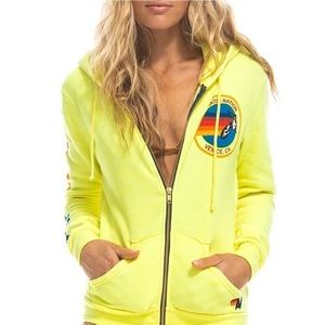 Aviator Nation Neon Yellow Zip Up Hoodie (Malibu Logo)  Size Large